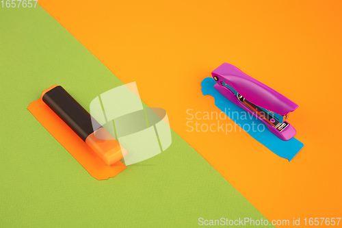 Image of Stationery in bright pop colors with visual illusion effect, modern art