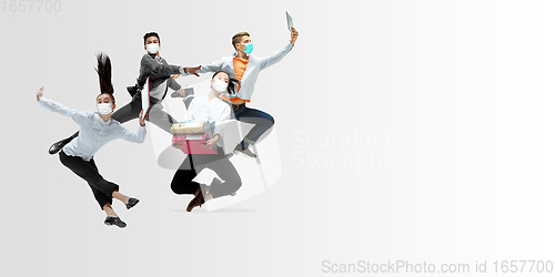 Image of Happy office workers in face masks jumping and dancing in casual clothes or suit isolated on studio background. Creative collage.