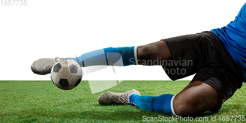 Image of Close up legs of professional soccer, football player fighting for ball on field isolated on white background