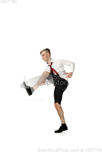 Image of Happy young man dancing in casual clothes or suit, remaking legendary moves of celebrity from culture history