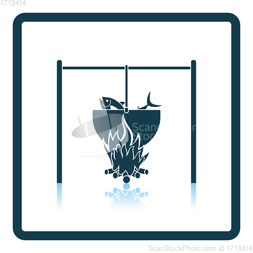 Image of Icon of fire and fishing pot on gray background, round shadow