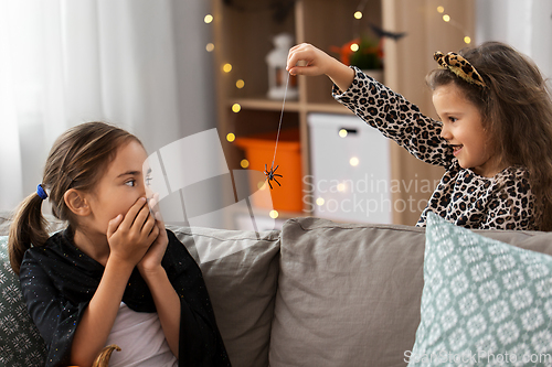 Image of girls in halloween costumes playing with spider