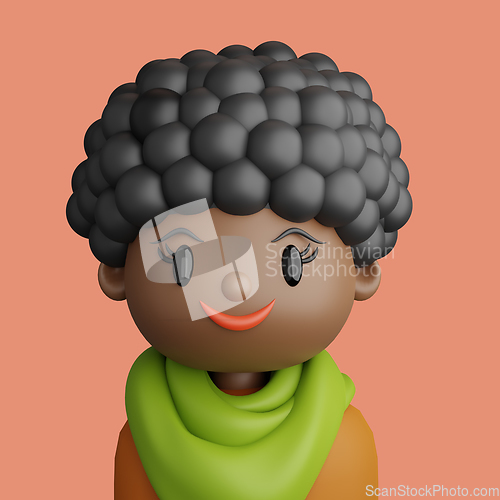 Image of 3D cartoon avatar of smiling black woman.
