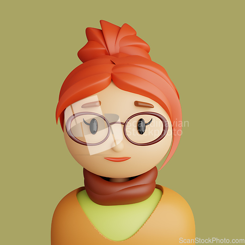 Image of 3D cartoon avatar of smiling caucasian woman.