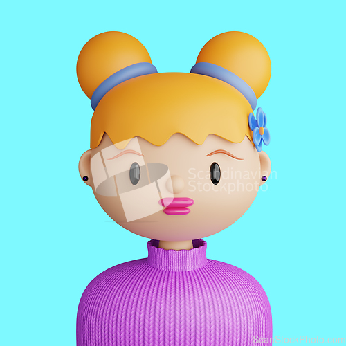 Image of 3D cartoon avatar of smiling young caucasian woman.