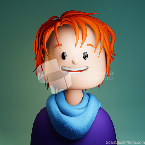 Image of 3D cartoon avatar of smiling red haired young man