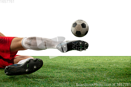 Image of Close up legs of professional soccer, football player fighting for ball on field isolated on white background