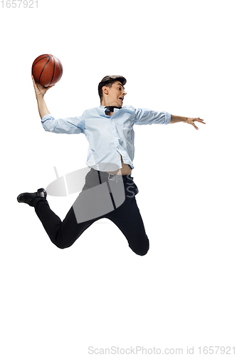 Image of Happy young man dancing in casual clothes or suit, remaking legendary moves of celebrity from culture history