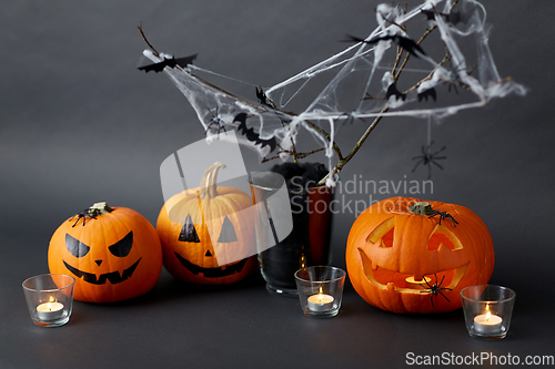 Image of pumpkins, candles and halloween decorations