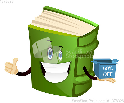 Image of Green book is announcing discount, illustration, vector on white