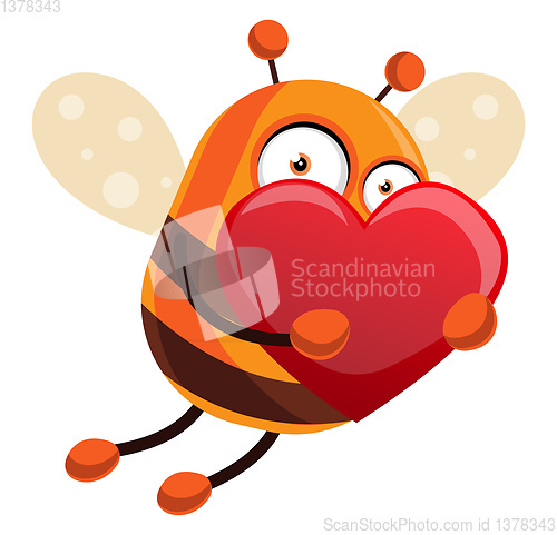 Image of Bee is holding a big red heart, illustration, vector on white ba