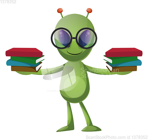 Image of Alien with books, illustration, vector on white background.