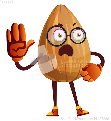 Image of Almond wearing black glasses raised his right hand up, illustrat