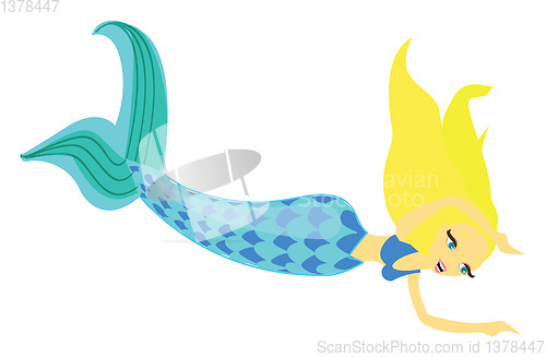 Image of Blue-tailed bra-wearing woman mermaid, swimming, vector or color