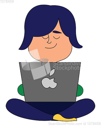 Image of Image of blue hair - boy working on a apple laptop, vector or co