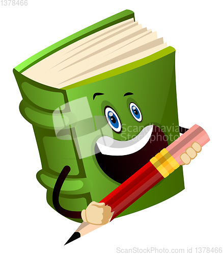 Image of Green book is holding a pencil, illustration, vector on white ba