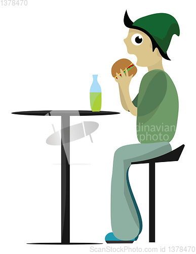 Image of Image of boy eating burger, vector or color illustration.