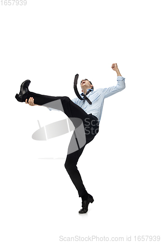 Image of Happy young man dancing in casual clothes or suit, remaking legendary moves of celebrity from culture history