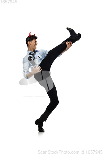 Image of Happy young man dancing in casual clothes or suit, remaking legendary moves of celebrity from culture history