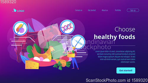 Image of Free from antibiotics hormones GMO foods concept landing page.