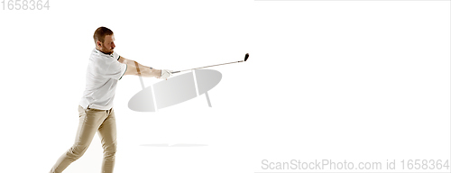 Image of Golf player in a white shirt taking a swing isolated on white studio background