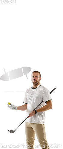 Image of Golf player in a white shirt practicing, playing isolated on white studio background