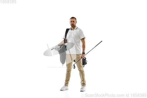 Image of Golf player in a white shirt practicing, playing isolated on white studio background