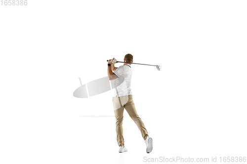 Image of Golf player in a white shirt taking a swing isolated on white studio background