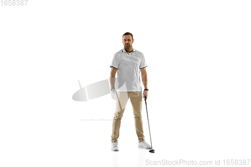 Image of Golf player in a white shirt practicing, playing isolated on white studio background