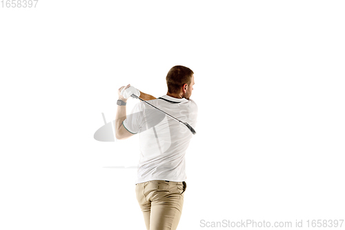 Image of Golf player in a white shirt taking a swing isolated on white studio background