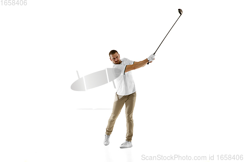 Image of Golf player in a white shirt taking a swing isolated on white studio background