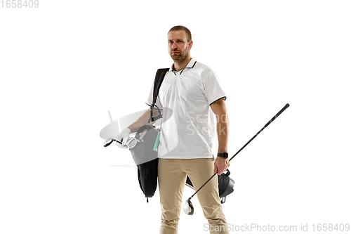 Image of Golf player in a white shirt practicing, playing isolated on white studio background