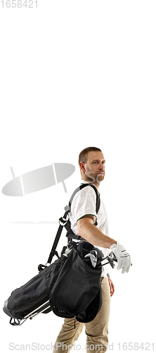 Image of Golf player in a white shirt practicing, playing isolated on white studio background