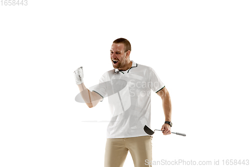 Image of Golf player in a white shirt practicing, playing isolated on white studio background