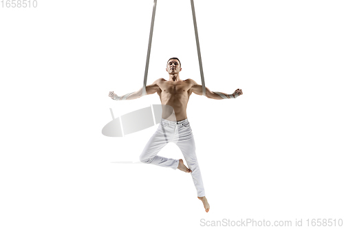 Image of Young male acrobat, circus athlete isolated on white studio background. Training perfect balanced in flight