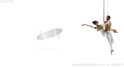 Image of Couple of young acrobats, circus athletes isolated on white studio background. Training perfect balanced in flight