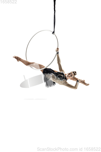 Image of Young female acrobat, circus athlete isolated on white studio background. Training perfect balanced in flight