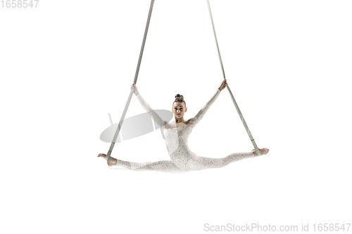 Image of Young female acrobat, circus athlete isolated on white studio background. Training perfect balanced in flight