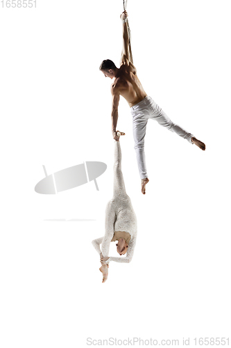 Image of Couple of young acrobats, circus athletes isolated on white studio background. Training perfect balanced in flight