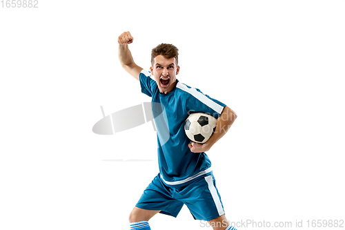 Image of Funny emotions of professional soccer player isolated on white studio background, excitement in game