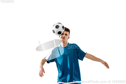 Image of Funny emotions of professional soccer player isolated on white studio background, excitement in game