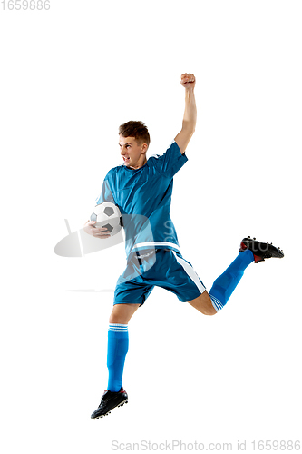 Image of Funny emotions of professional soccer player isolated on white studio background, excitement in game