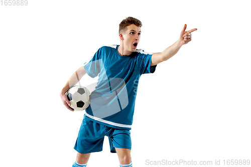 Image of Funny emotions of professional soccer player isolated on white studio background, excitement in game