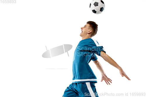 Image of Funny emotions of professional soccer player isolated on white studio background, excitement in game