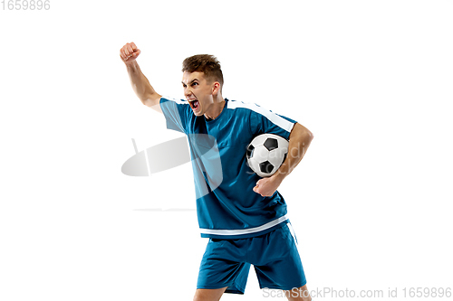 Image of Funny emotions of professional soccer player isolated on white studio background, excitement in game