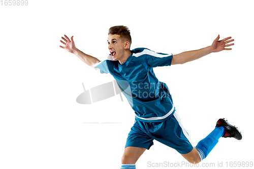 Image of Funny emotions of professional soccer player isolated on white studio background, excitement in game