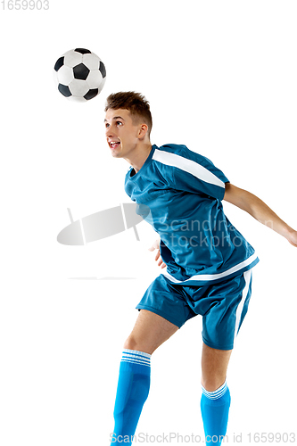 Image of Funny emotions of professional soccer player isolated on white studio background, excitement in game