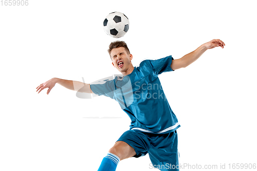 Image of Funny emotions of professional soccer player isolated on white studio background, excitement in game