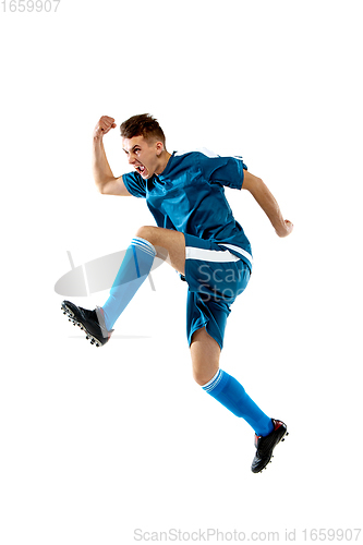 Image of Funny emotions of professional soccer player isolated on white studio background, excitement in game