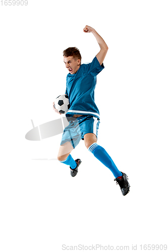 Image of Funny emotions of professional soccer player isolated on white studio background, excitement in game